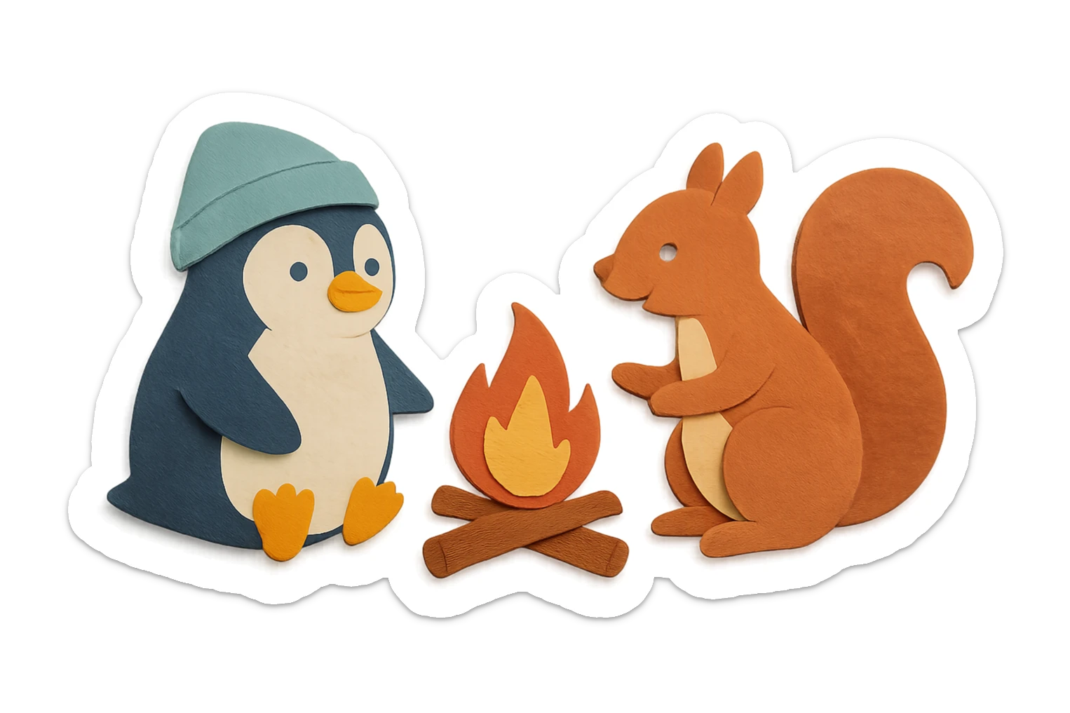 Pinguin und Eichhörnchen beim Campen, Papierbastel-Stil, Lagerfeuer sticker