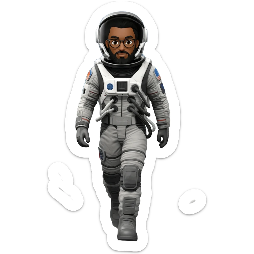 astronaut rogue one star wars moon on back with helmet walking space brown skin, black eyes, glasses and beard  black hair show body sticker