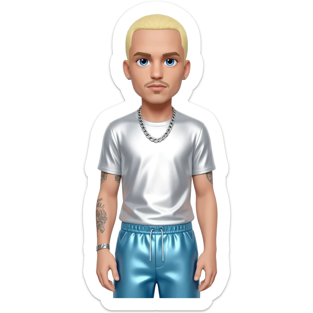 Eminem with blue eyes, blonde short hair, white metallic t-shirt, light blue metallic baggy pants, silver necklace sticker