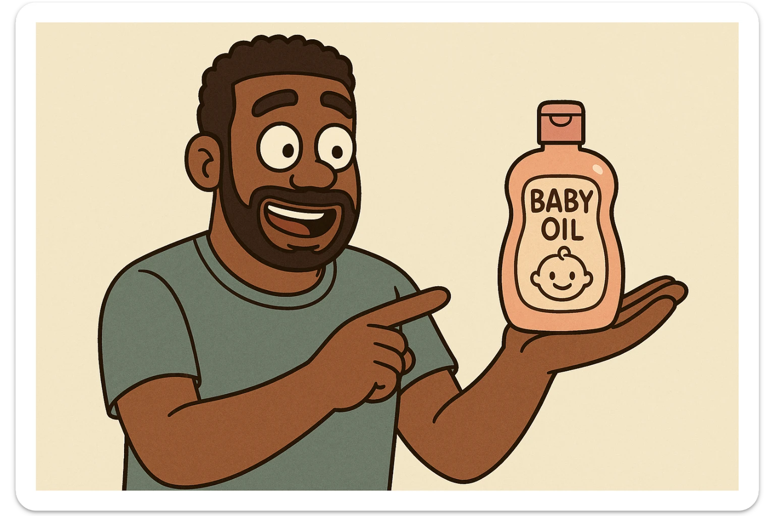 A Black man presenting baby oil, cartoon style, casual clothing, soft colors, inviting atmosphere sticker