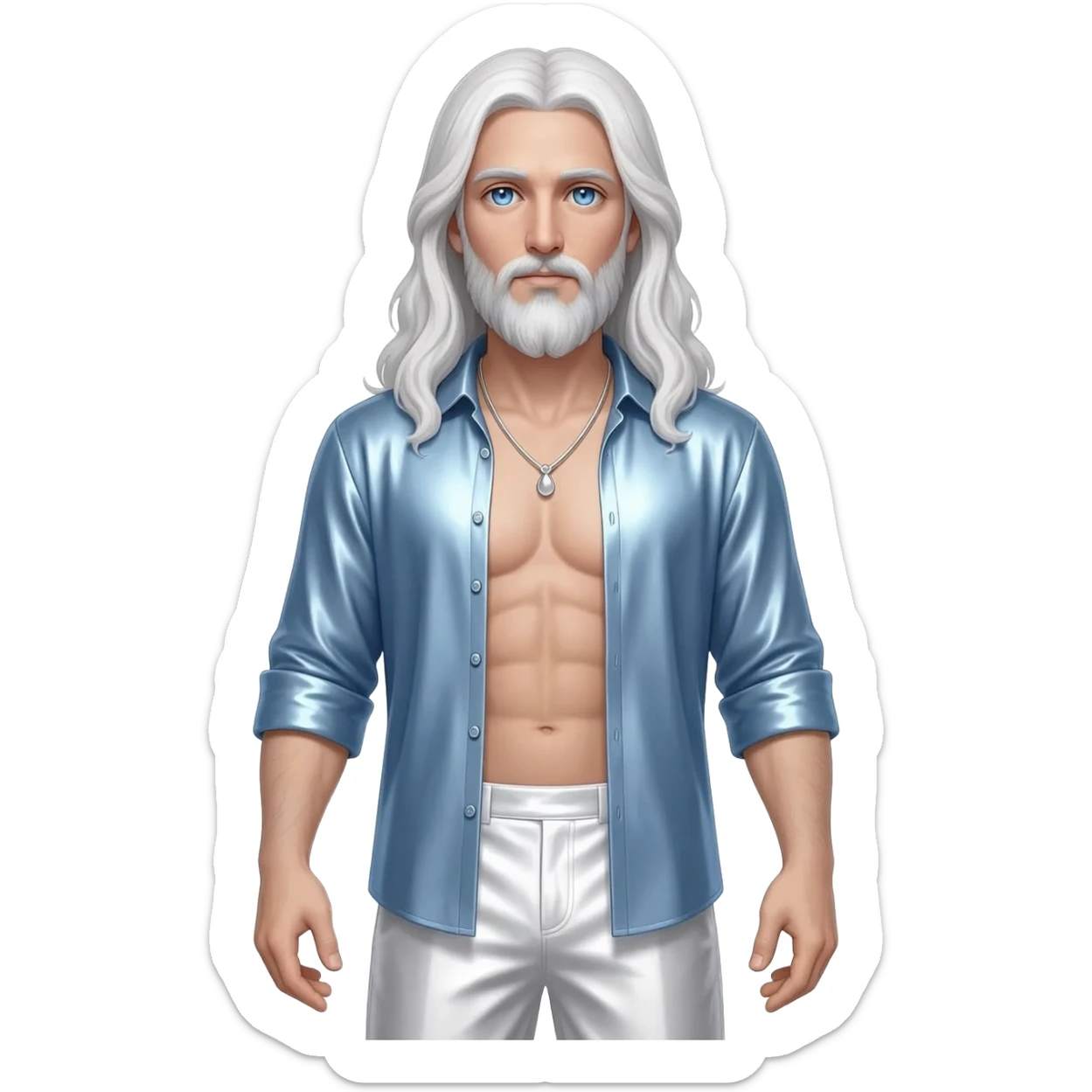 God the Father from Christian Mythology with blue eyes, long white hair, light steel blue metallic open shirt, white metallic baggy pants shirtless with silver necklace sticker