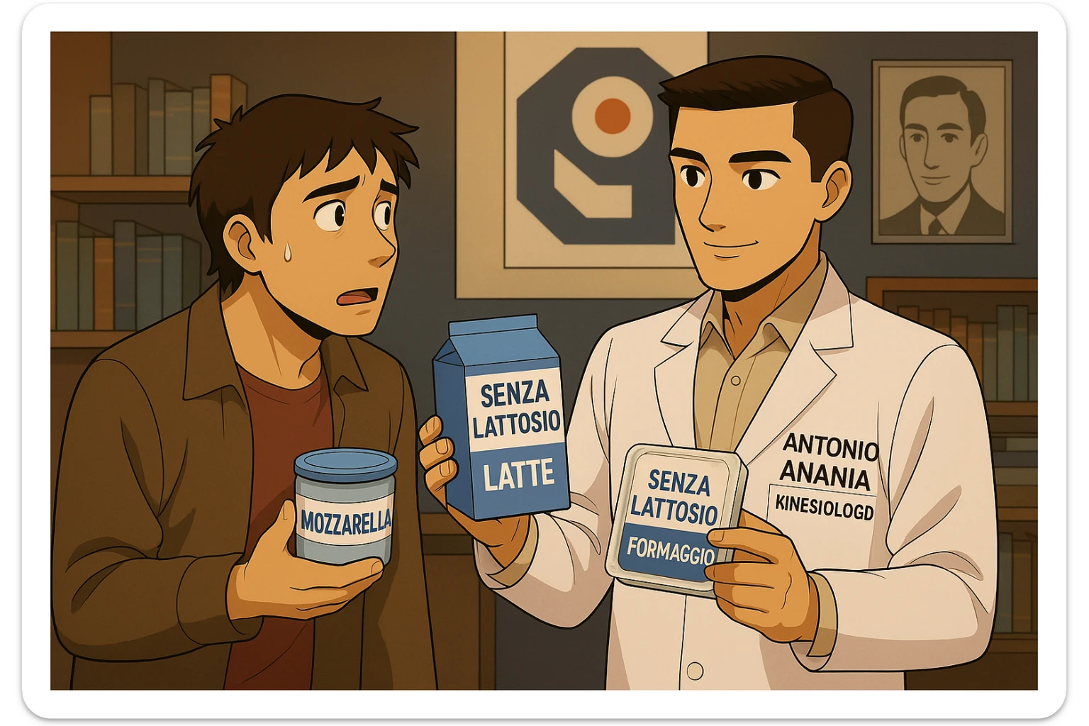 fai un webtoon manga a colori con questo stile, in cui un uomo ASCOLTA Il kinesiologo con il camice bianco (fagli anche la scritta "ANTONIO ANANIA" SUL CAMICE, IL KINESIOLOGO SPIEGA ALL'UOMO UNA MOSTRANDO VARI PRODOTTI DA SUPERMERCATO CONFEZIONATI (TIPO SCATOLA DI LATTE, MOZZARELLE CONFEZIONATE, FORMAGGIO CONFEZIONATO), OGNI CONFEZIONE HA LA SCRITTA "SENZA LATTOSIO SULL'ETICHETTA. L'UOMO OSSERVA IL KINESIOLOGO CON ESPRESSIONE CONFUSA IN VOLTO. non fare i fumetti però, fai solo in modo che sembri stiano parlando sticker