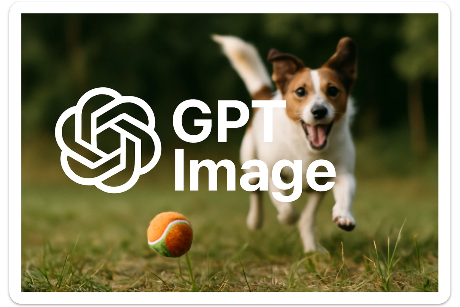  logo of chat gpt with text "GPT Image" on the background of a dog chasing ball, realistic image sticker