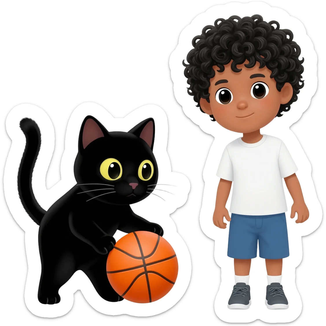Black cat playing with orange basketball and a little white boy with curly black hair sticker