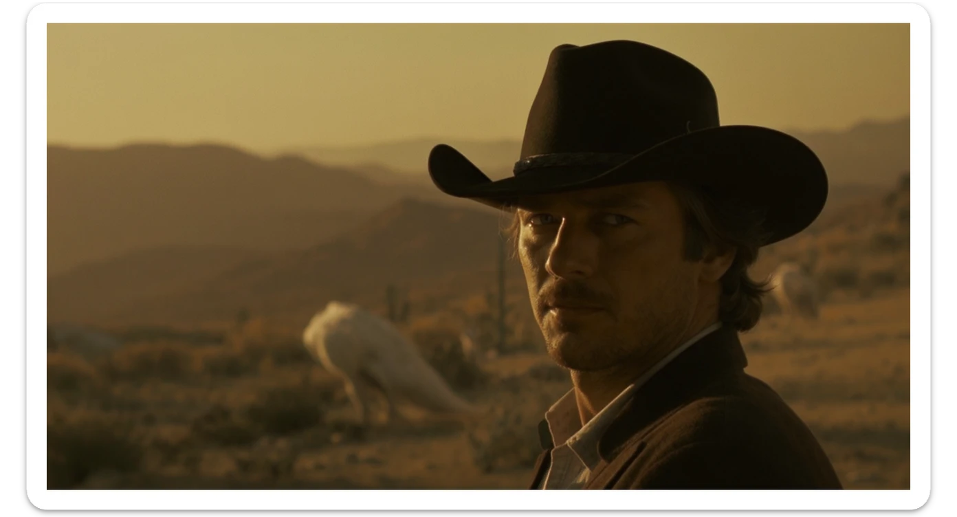 Cinematic , documentary photography, top angle medium shot, cowboy look eye brave, hard light golden hour, desert arizona, shot on arri alexa, 80s movie sticker