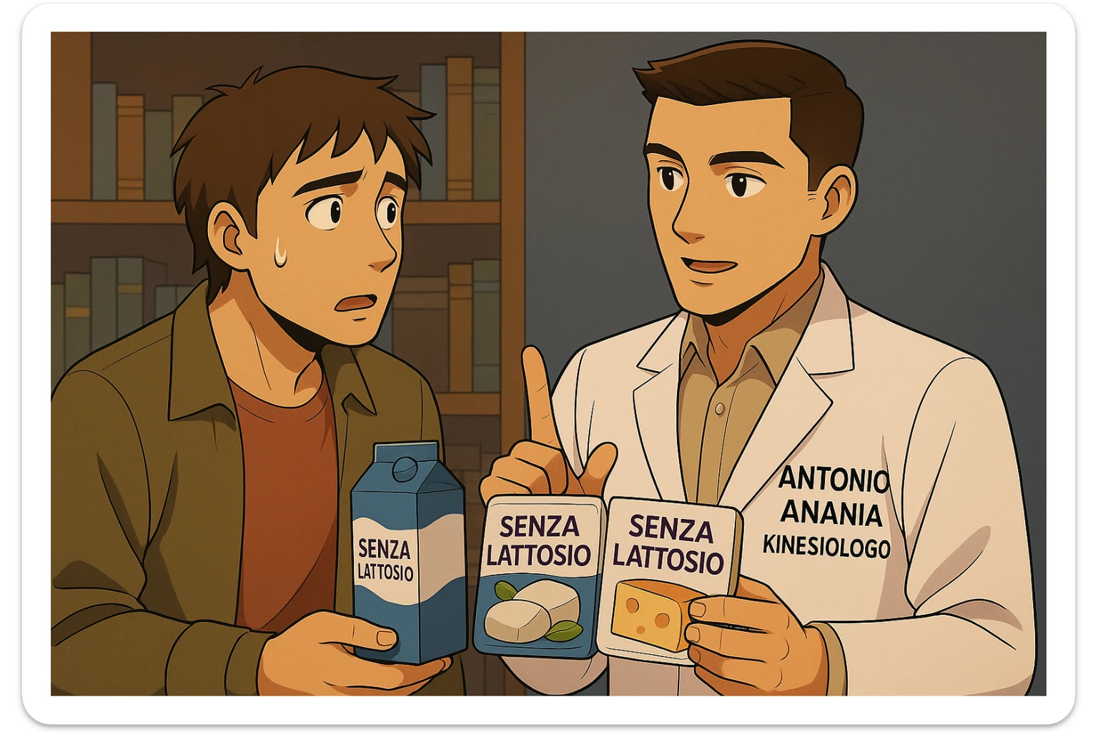 fai un webtoon manga a colori con questo stile, in cui un uomo ASCOLTA Il kinesiologo con il camice bianco (fagli anche la scritta "ANTONIO ANANIA" SUL CAMICE, IL KINESIOLOGO SPIEGA ALL'UOMO UNA MOSTRANDO VARI PRODOTTI DA SUPERMERCATO CONFEZIONATI (TIPO SCATOLA DI LATTE, MOZZARELLE CONFEZIONATE, FORMAGGIO CONFEZIONATO), OGNI CONFEZIONE HA LA SCRITTA "SENZA LATTOSIO SULL'ETICHETTA. L'UOMO OSSERVA IL KINESIOLOGO CON ESPRESSIONE CONFUSA IN VOLTO. non fare i fumetti però, fai solo in modo che sembri stiano parlando sticker
