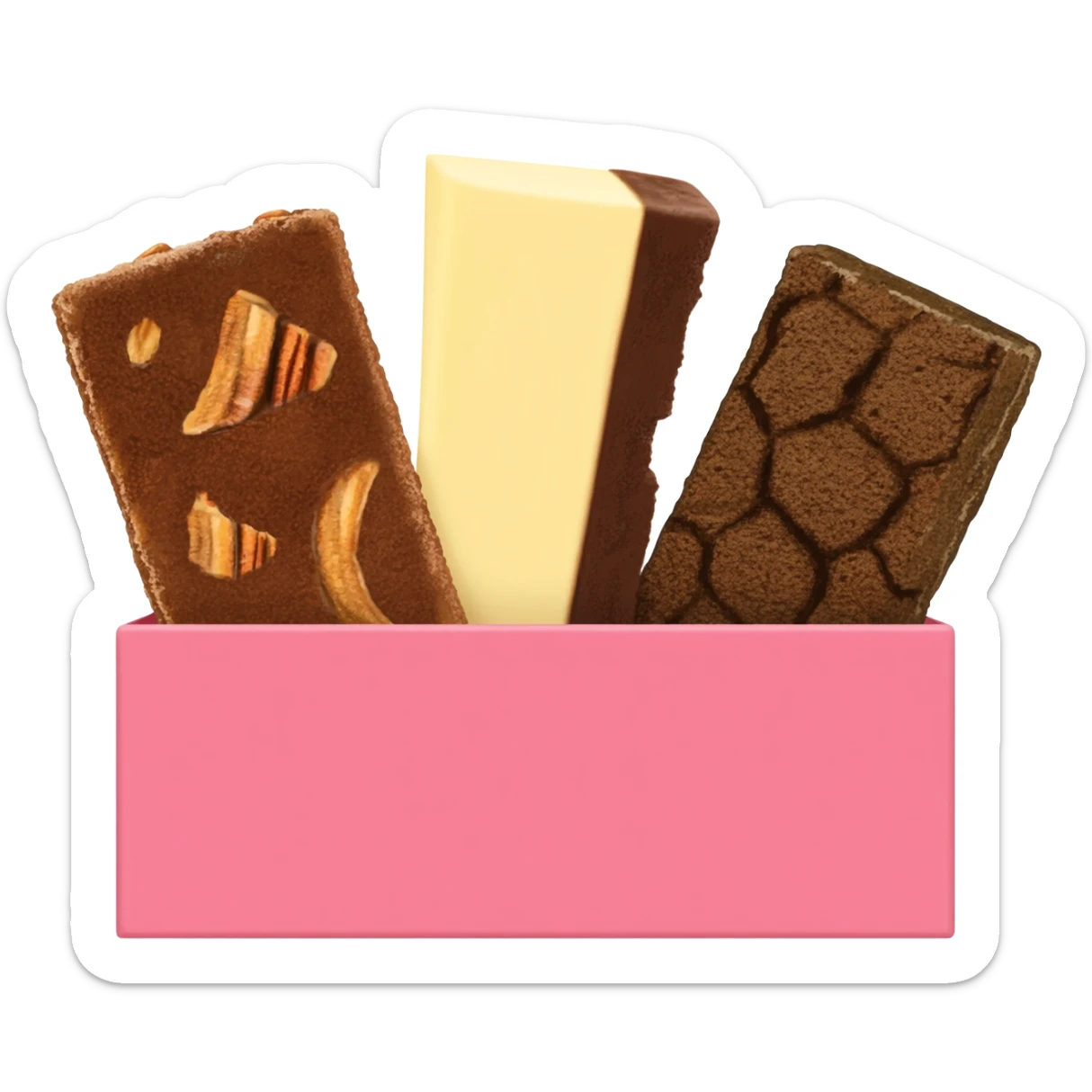 brownie flight with a pecan brownie, cheesecake brownie and turtle brownie in a pink box sticker