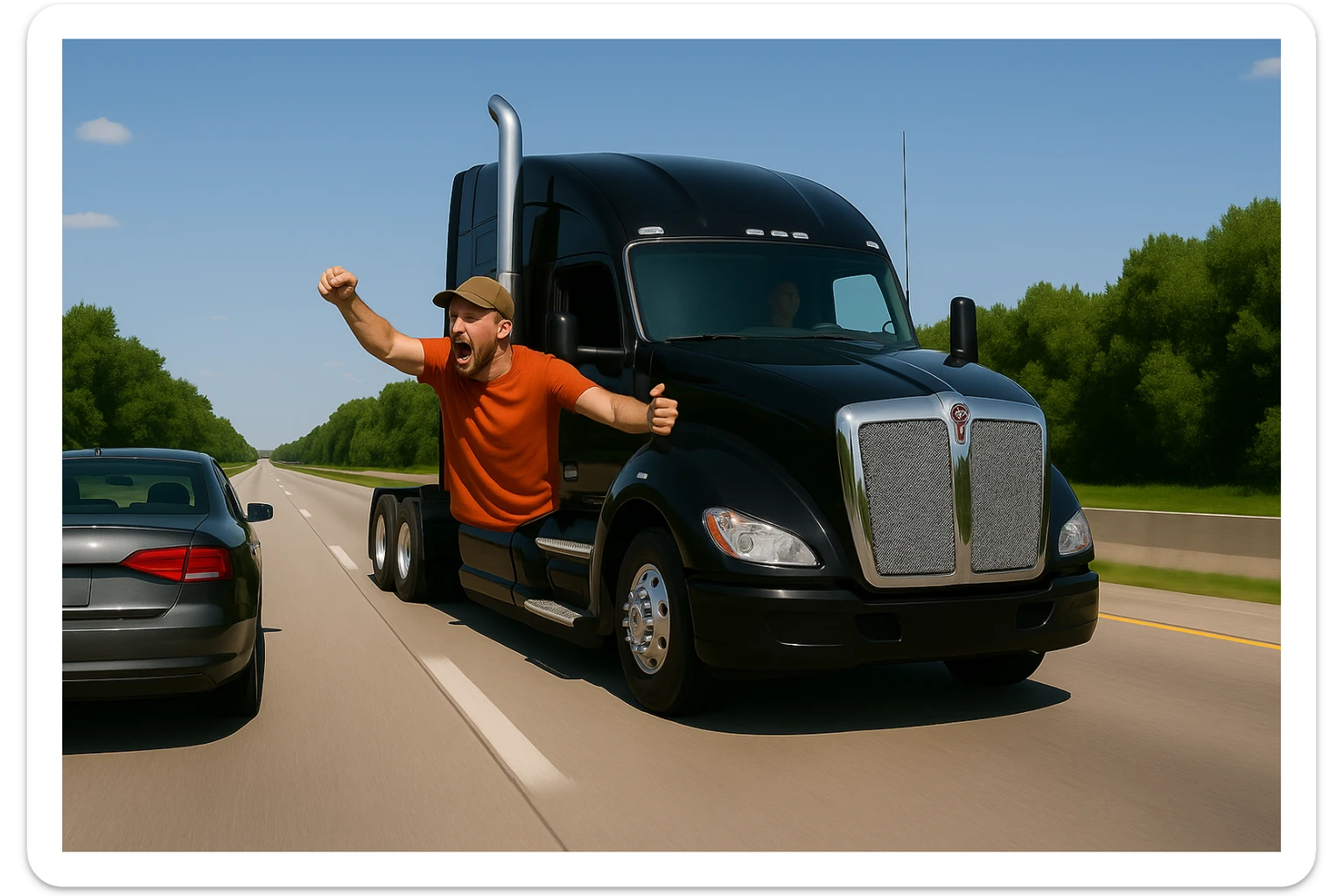 Zoom the scene out even farther, showing more of the road and landscape, with the black Kenworth W680 semi truck featuring a chrome stack, an angry bald driver wearing an orange shirt and baseball cap with his arm out the window, following a car. The scene should remain bright and vibrant. sticker