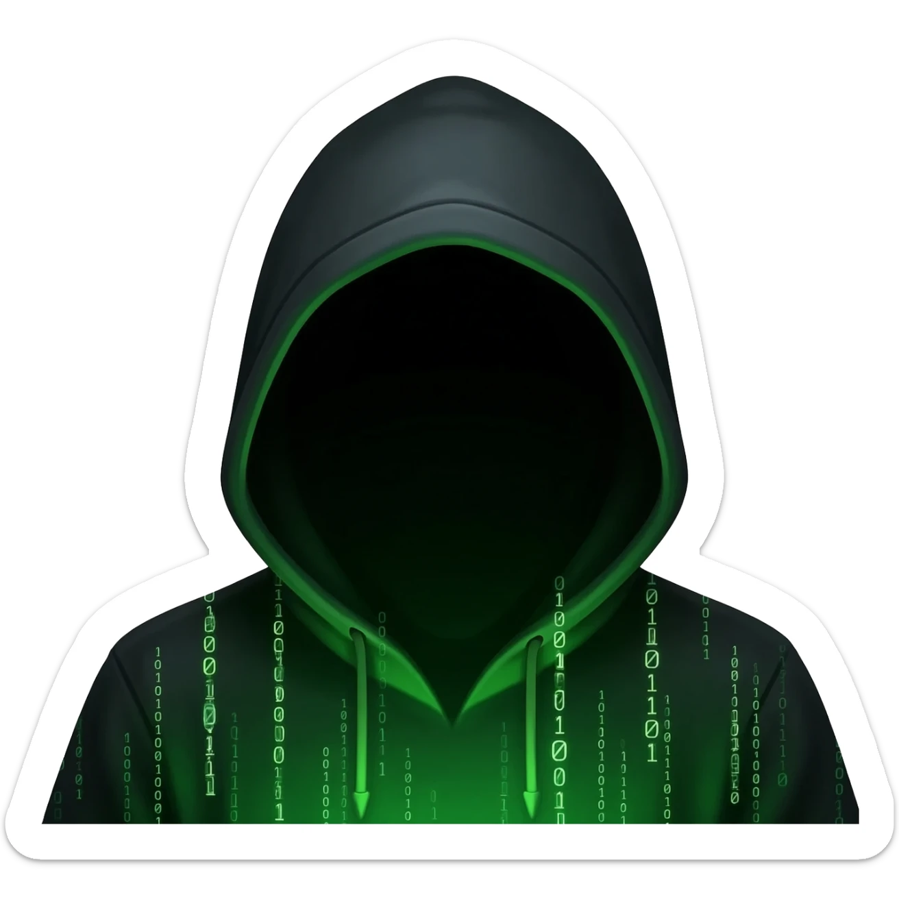 Binary system and "hacker" look, no face, black hoodie, green aura, detailed hoodie sticker