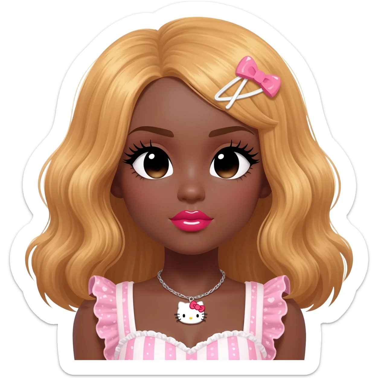 heart shaped lips, cute glossy lips, doll eyes with long lashes, dark brown skin, honey blonde hair, big chest, hello kitty necklace, one bow clip, bimbocore outfit sticker