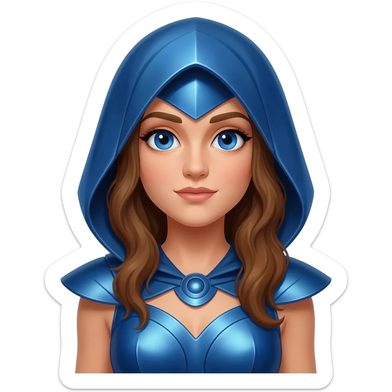 Juno from Roman Mythology with blue eyes, long brown hair, blue metallic cowl dress sticker