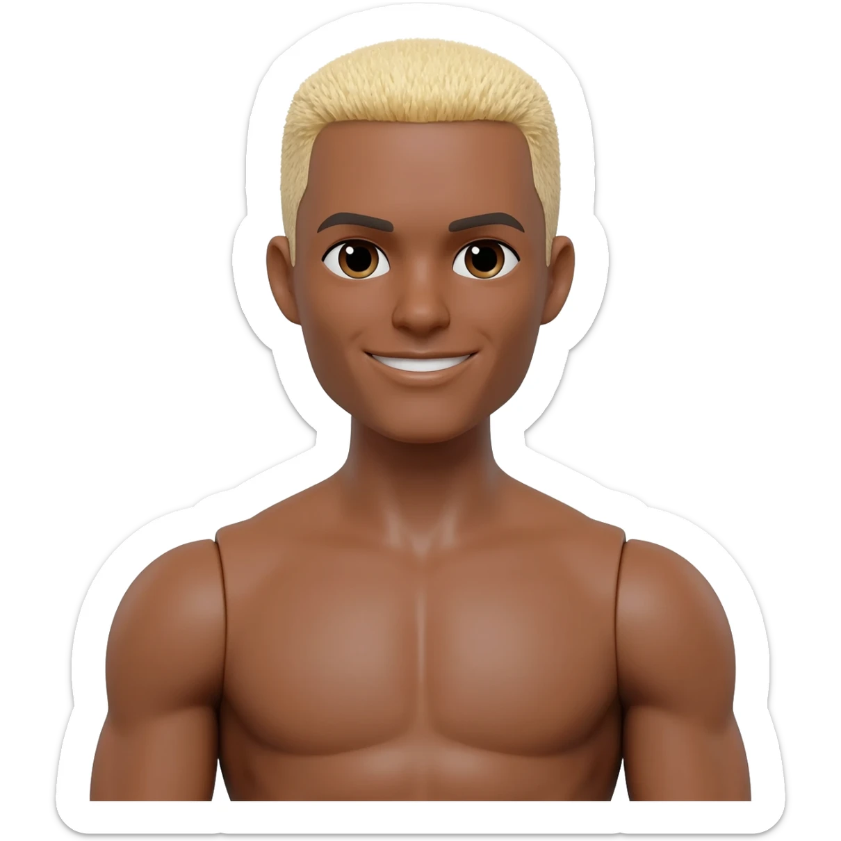 Brown skin Ken doll with blonde buzz cut blonde short hair brown eyes slim fit with muscles, smiling sticker