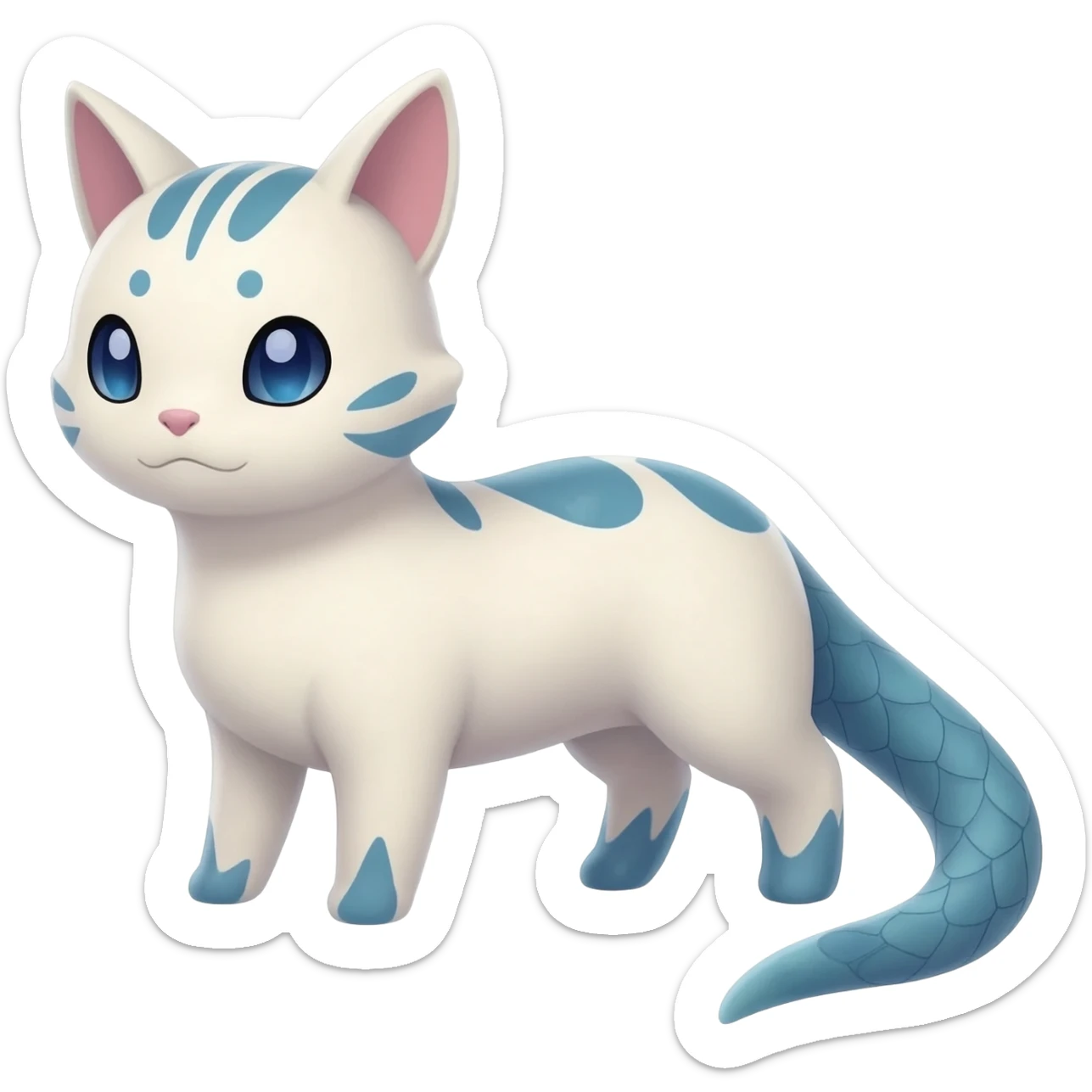 Cute realistic albino Minccino-Lykoi-Emolga-Pachirisu-Zangoose-fusion-hybrid-animal-Fakémon-creature, full body, thin long sleek scaly tail, intricate markings sticker