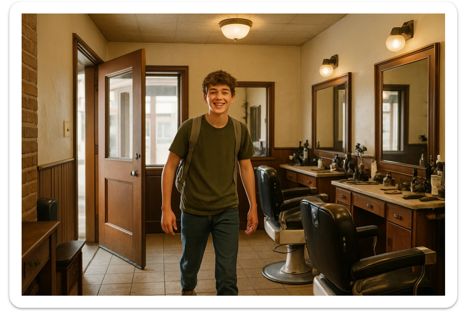 Sartaroshxonaga kirib kelayotgan! O'smirin bola sartaroshxona yangi ham eski ham emas sticker