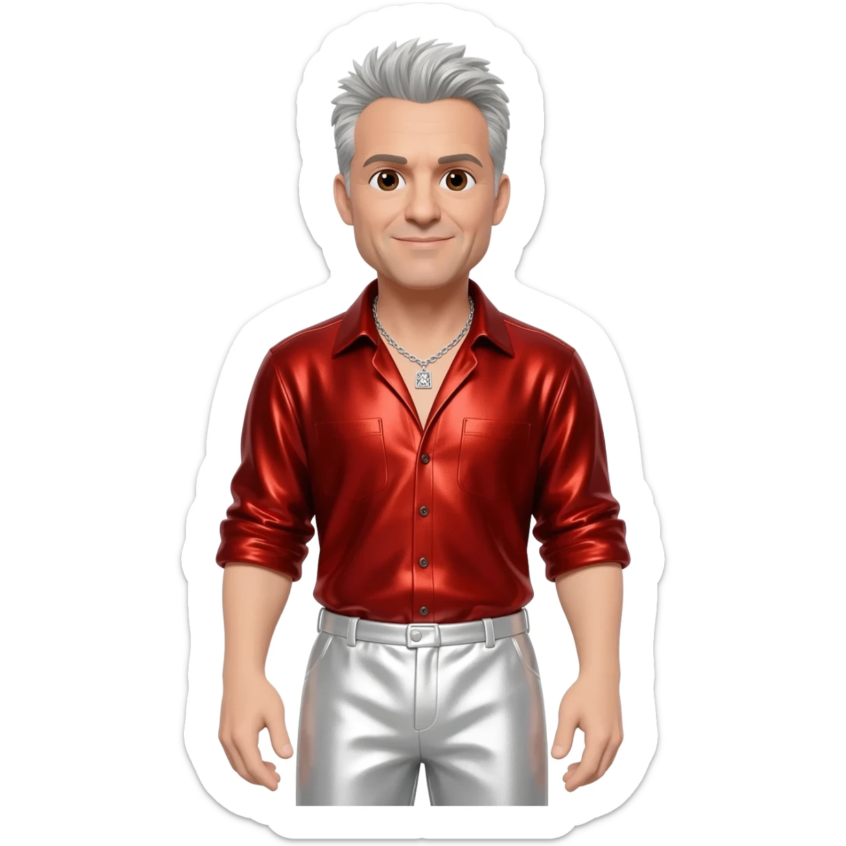 Johnny Knoxville with brown eyes, silver hair, red metallic shirt, white metallic baggy pants, silver necklace sticker