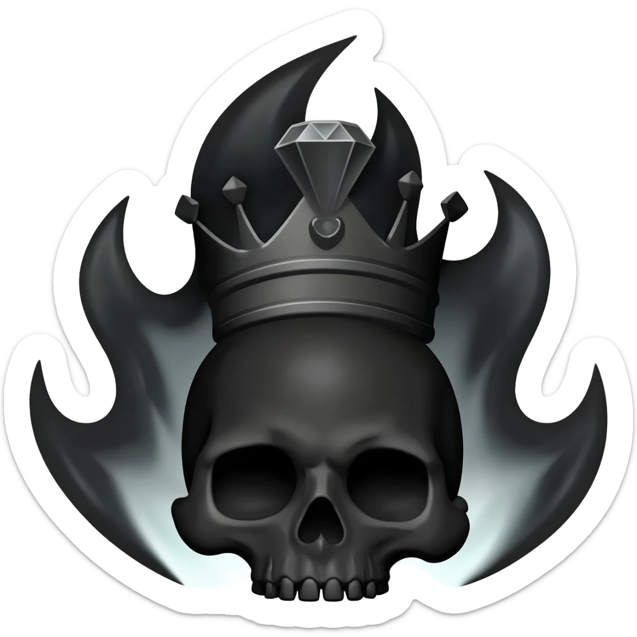 generate a black skull with a black diamond crown burning with a black flame sticker