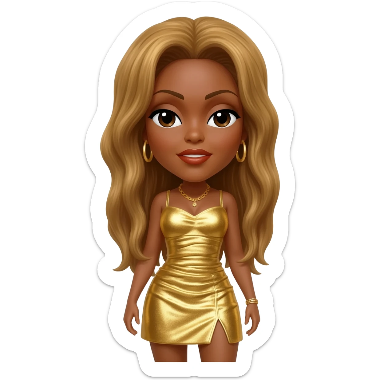 Tina Turner with long golden brown hair, gold metallic short dress sticker
