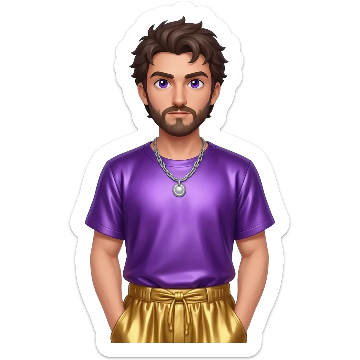 Dionysus from Greek Mythology with purple eyes, dark brown hair, purple metallic shirt, gold metallic baggy pants, silver necklace sticker