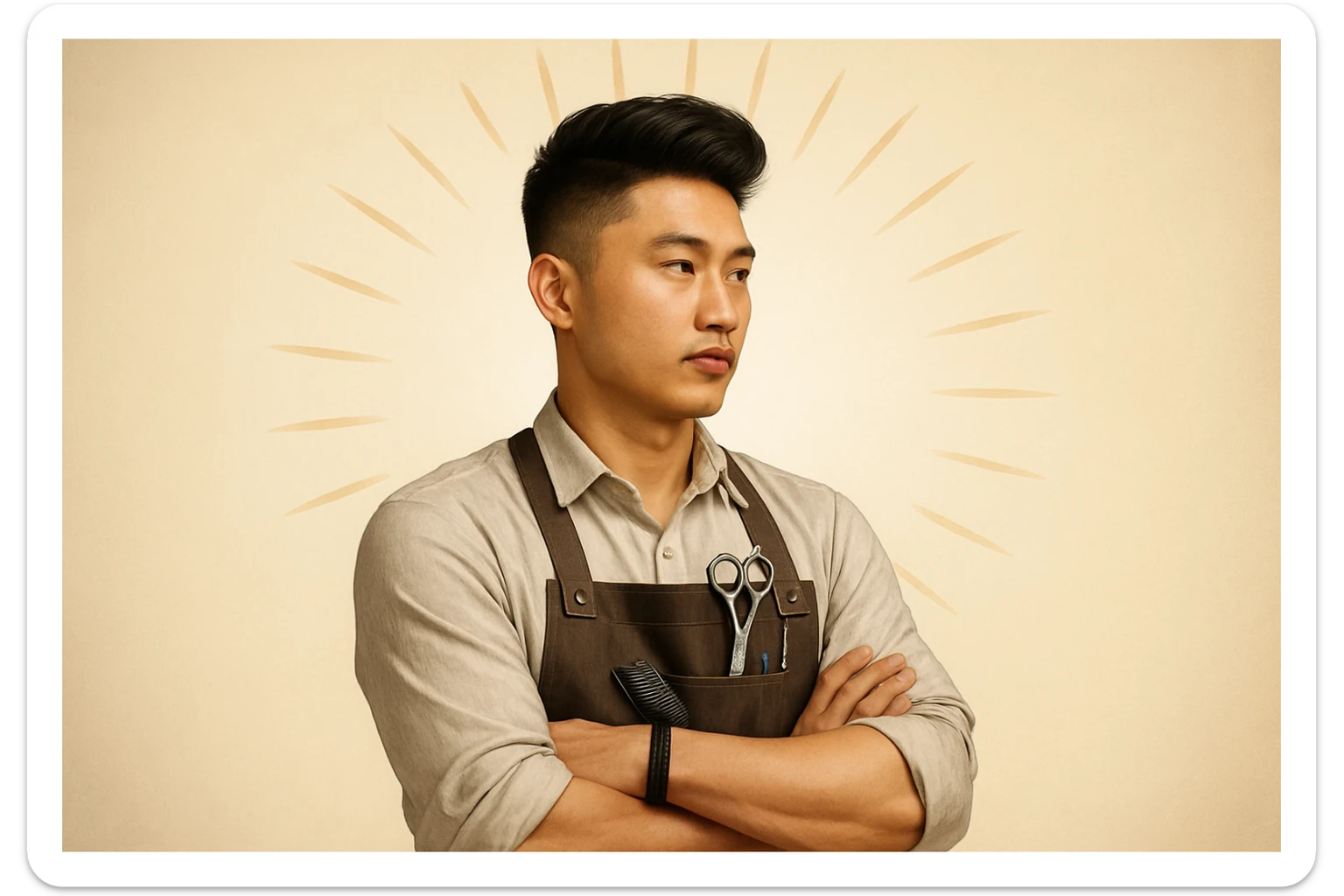 shu pozada turgan faqat o'ng tarafga qarab turgan sartarosh ustani tasvirlab ber realistik uslubda yoshi kattaroq soqol shart emas va osiyolik erkak soch turmagi ham boshqacharoq bo'laversin sticker