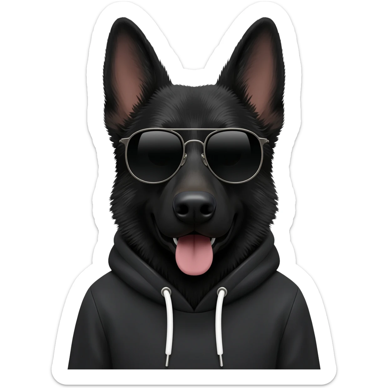 Black German shepherd dog wearing a hoodie and sunglasses sticker
