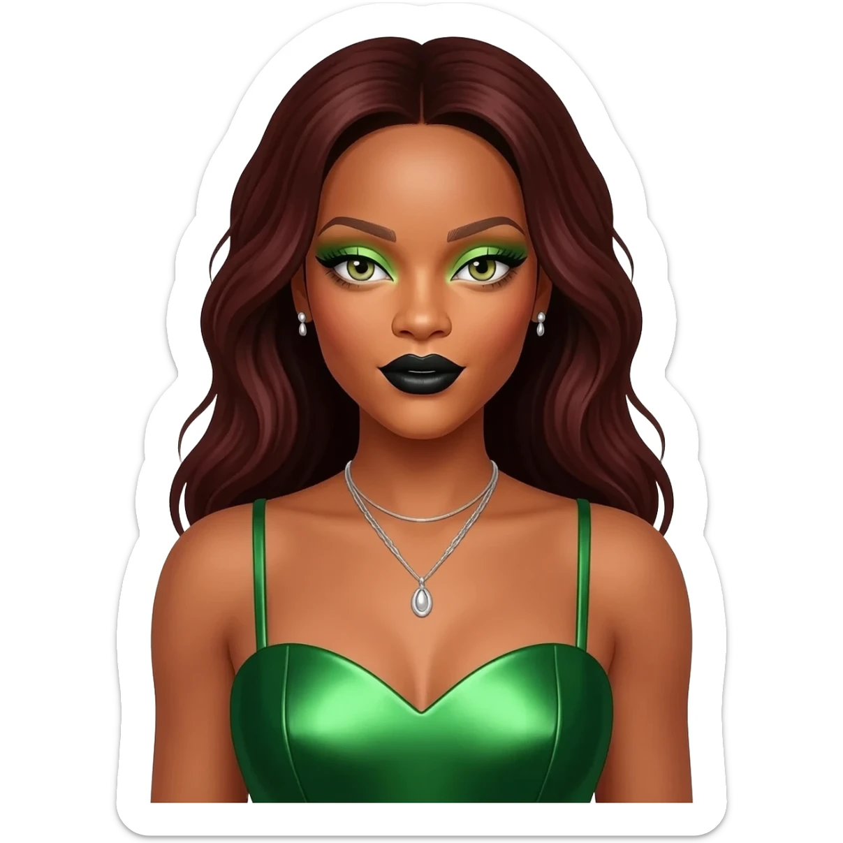 Rihanna with hazel green eyes, long dark auburn hair, light green eyeshadow, black lipstick, green metallic sweetheart dress, silver necklace and earrings sticker