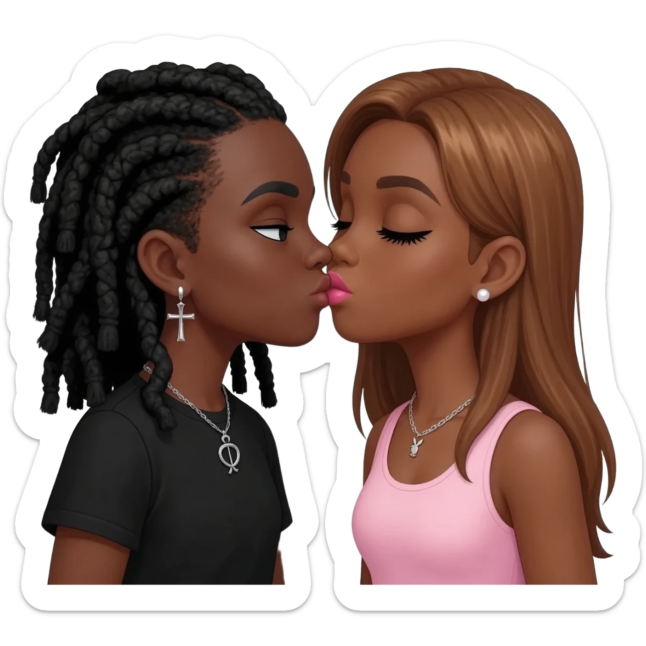(Bimbo, pearl earrings stud, Light pink cute lips, long middle part with long honey brown hair, dark brown skin, playboy necklace with lashes, light pink sleeveless shirt, kissing the goth black girl with brown skin, cross earrings, ankh necklace with black dreadlocks with white paint on face sticker