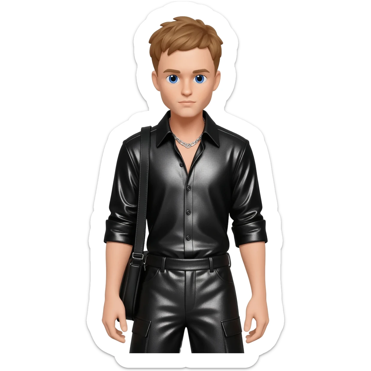 Justin Timberlake with blue eyes, light brown hair, black metallic shirt, black metallic baggy pants, silver necklace sticker