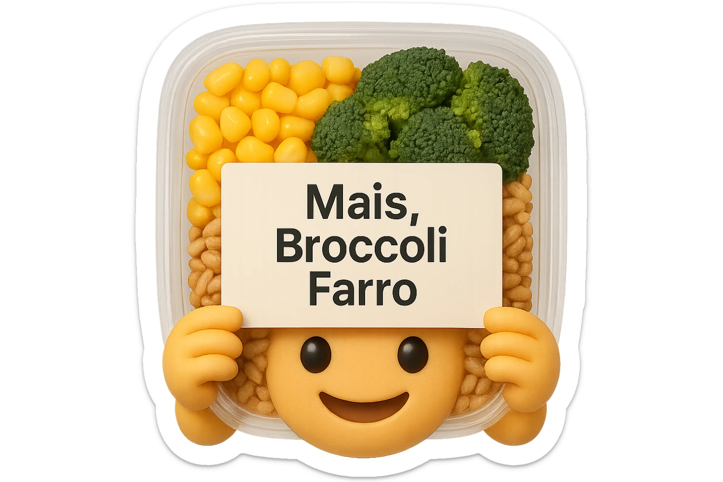 SU QUESTO STILE FAI UN EMOJI STILE IPHONE 3D DI UN INSALATA PRECONFEZIONATA DA SUPERMERCATO CON FOCUS SU ETICHETTA NUTRIZIONALE CON GLI INGREDIENTI IN ITALIANO TIPO: MAIS, BROCCOLI, FARRO, ACCANTO ALL'INSALATA CHE HA IN MANO C'è UN FOCUS SULL'ETICHETTA CON GLI INGREDIENTI SCRITTI, FALLO MOLTO REALISTICO IN 3D sticker
