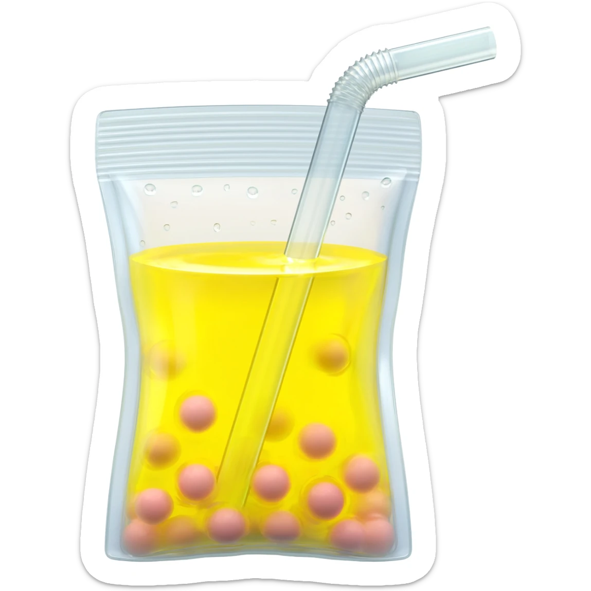 lemonade with pink boba in a clear pouch with a straw sticker