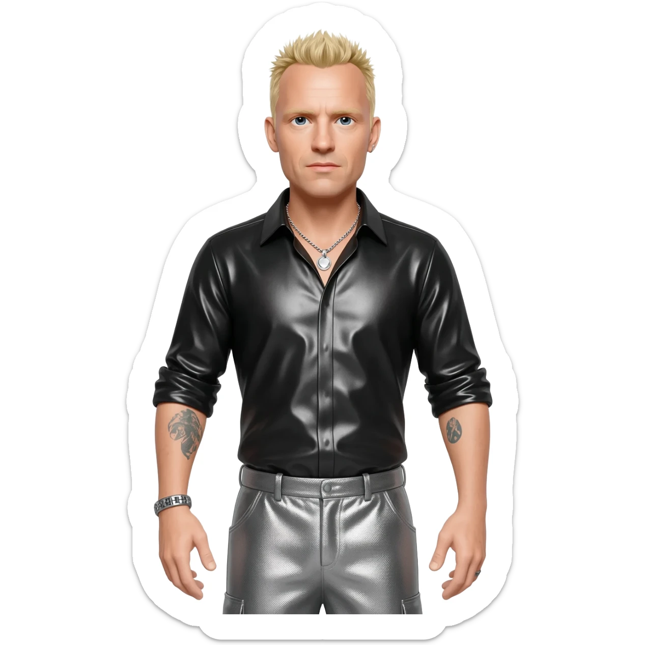 Chester Bennington with blonde hair, black metallic shirt, grey metallic baggy pants, silver necklace sticker