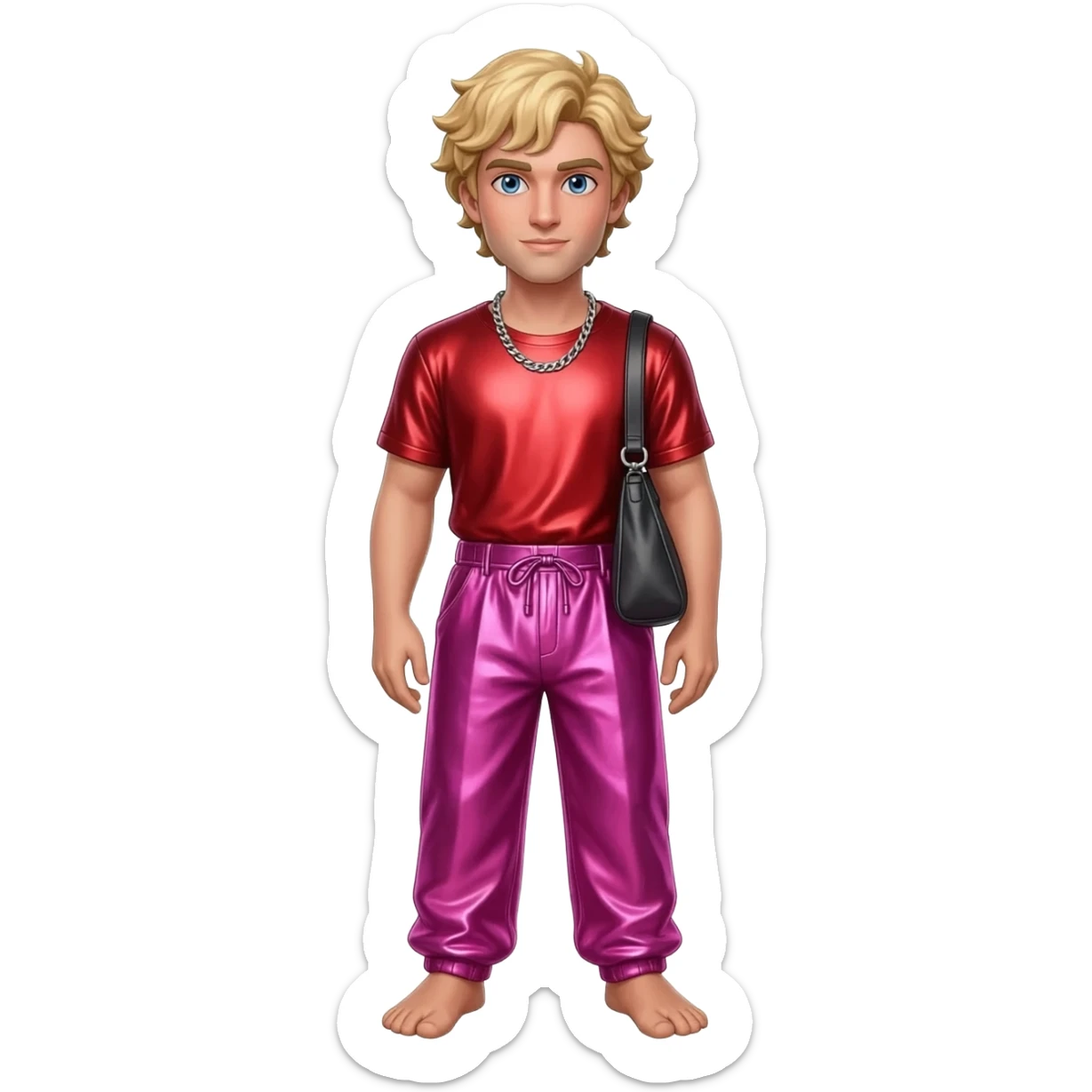 Eros from Greek Mythology with blue eyes, blonde hair, red metallic shirt, hot pink metallic baggy pants, silver necklace sticker