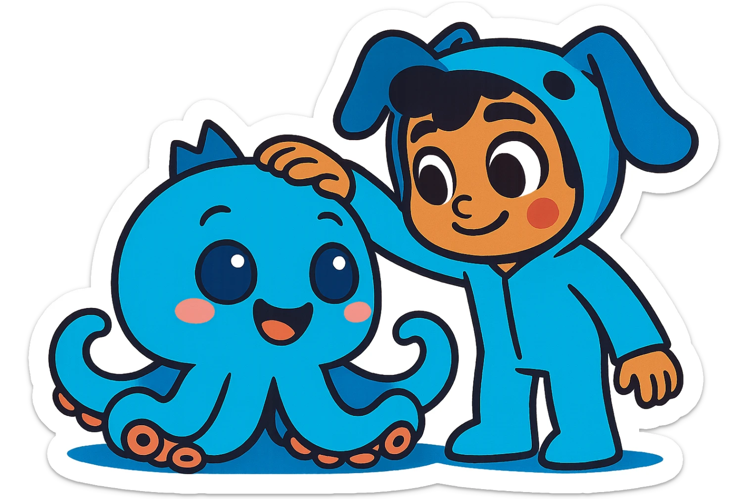 Combine the cute blue plush octopus and the human character in a blue animal onesie. Show the human gently petting the octopus, both looking happy and friendly, in a vibrant cartoon style with bold outlines and bright colors. sticker