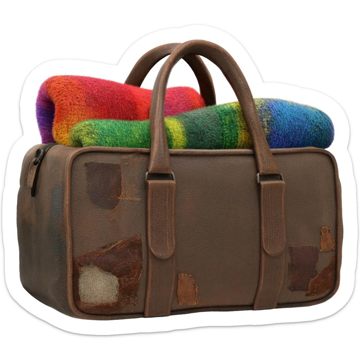 blankets shoved into a old leather duffel bag sticker