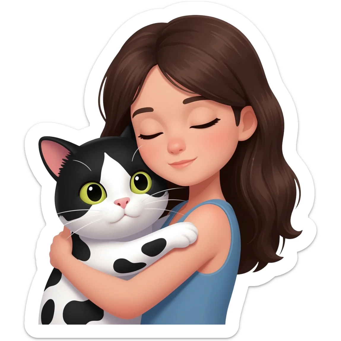 A young woman with long dark brown hair, hugging a black and white cow-patterned cat, 3D emoji style, white background. sticker