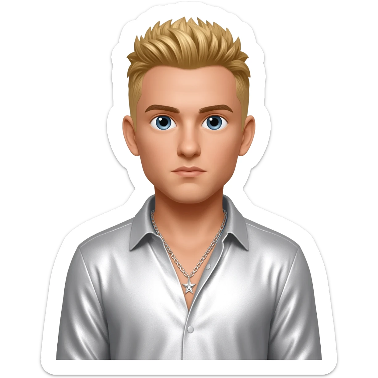Nick Carter from Backstreet Boys with blue eyes, blonde hair, white metallic shirt, silver necklace sticker