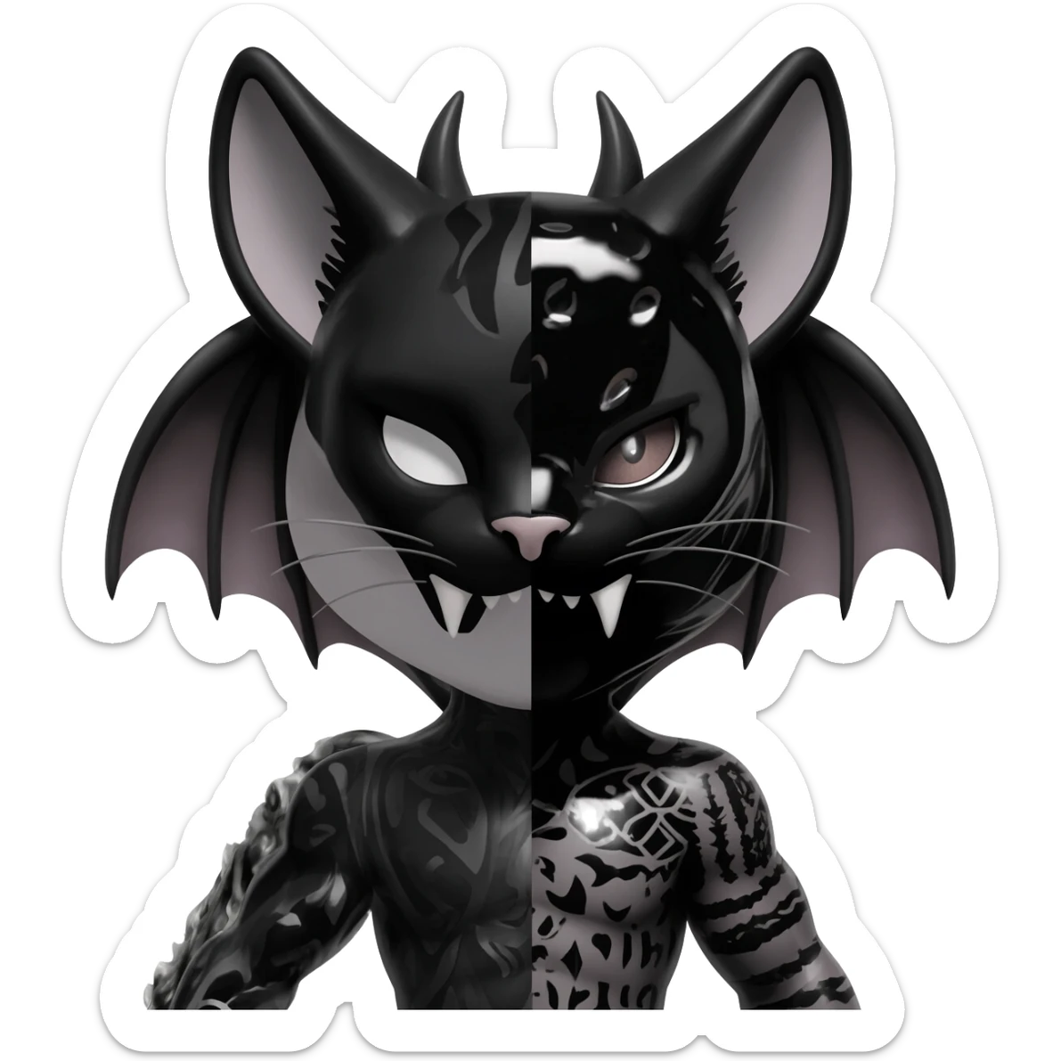 dark spooky badass cool shiny glossy smooth soft Black edgy Noivern-Noibat-Purloin-Torracat-Lykoi-Caracal-cat-Fakemon-fusion-hybrid-creature with bat wings on head as ears, big fangs, gothic markings sticker
