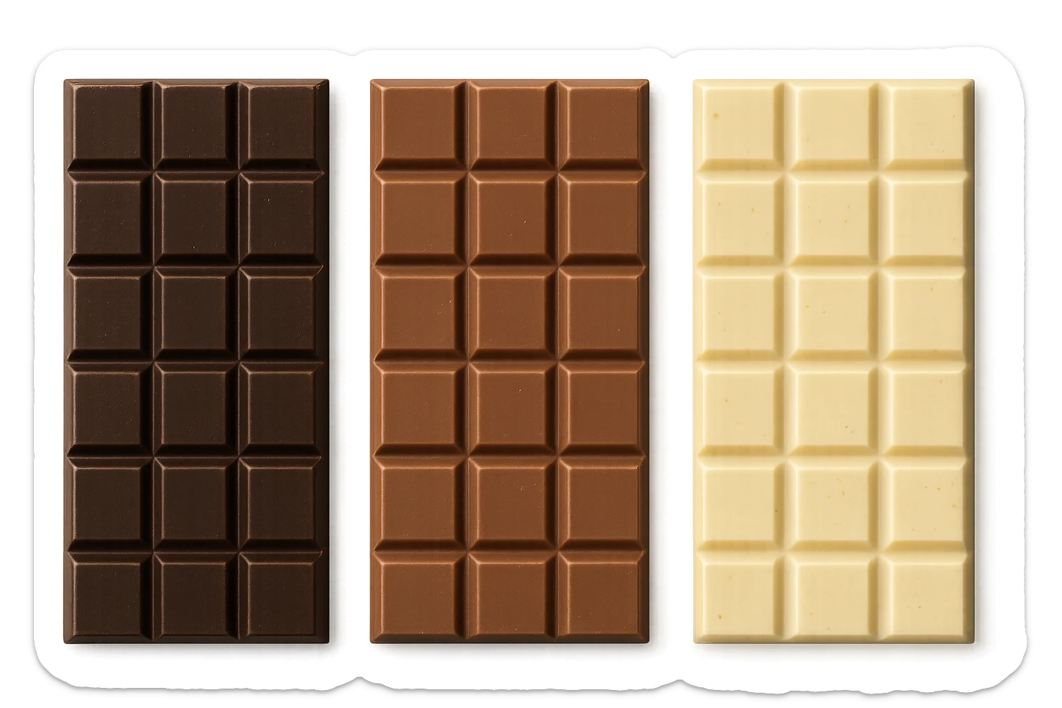 3 BARRETTE DI CIOCCOLATO, UNA FONDENTE, UNA AL LATTE E UNA BIANCA, VISTE DALL'ALTO, IPERREALISTICO 4K sticker