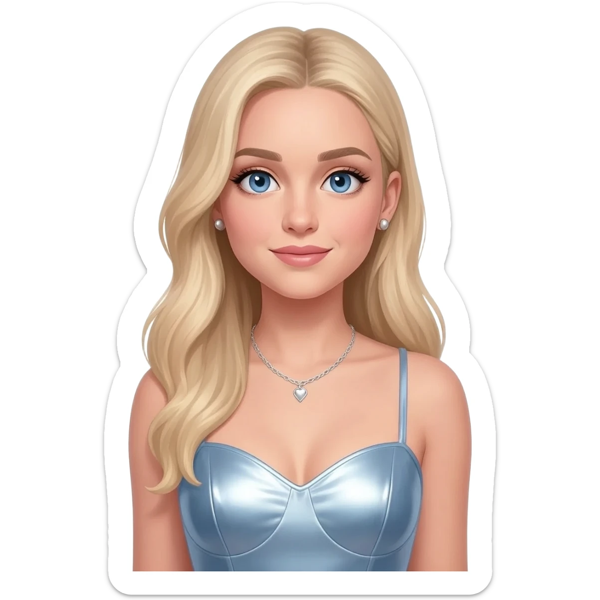 Sabrina Carpenter with blue eyes, long light blonde hair, light steel blue metallic sweetheart dress, silver necklace and short earrings sticker