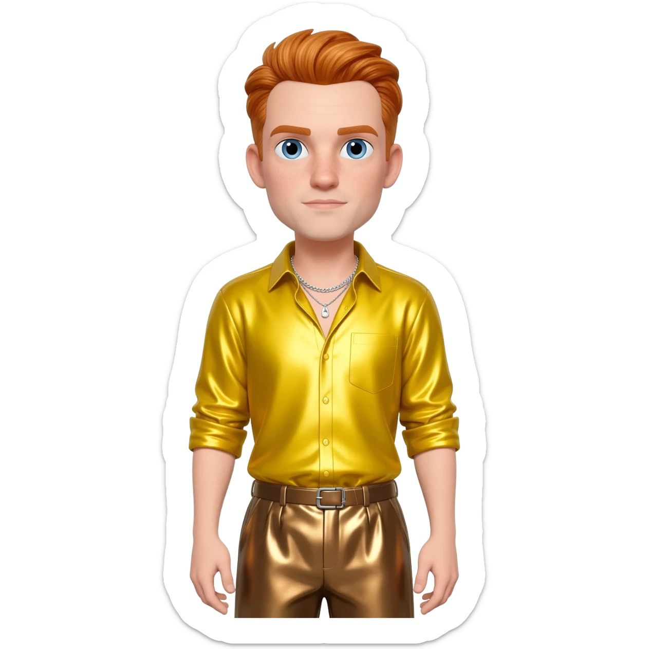 Dave England with blue eyes, reddish blonde hair, yellow metallic shirt, bronze metallic baggy pants, silver necklace sticker