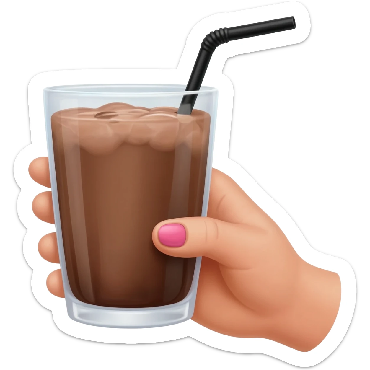 chocolat froid dans un grand verre avec une paille noir tenue par le bout d'une jolie main de femme avec une belle manucure Style Pinterest ultra réaliste Avec une bordure blanche IOS sticker