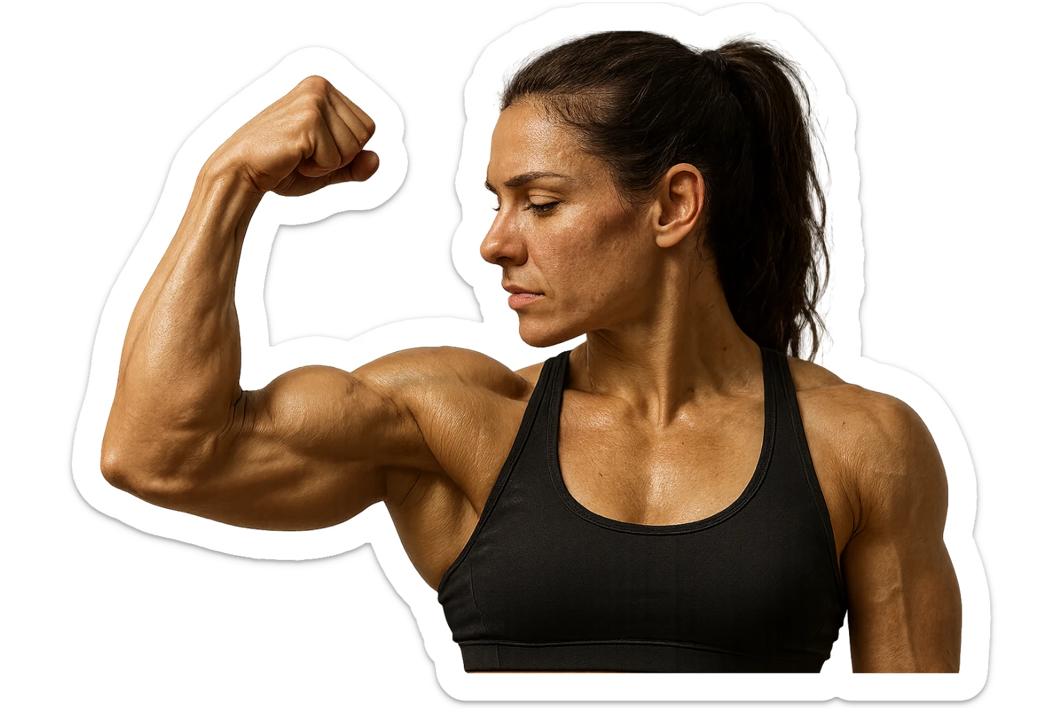 donna fitness con bicipite contratto, iperrealistica 4k sticker