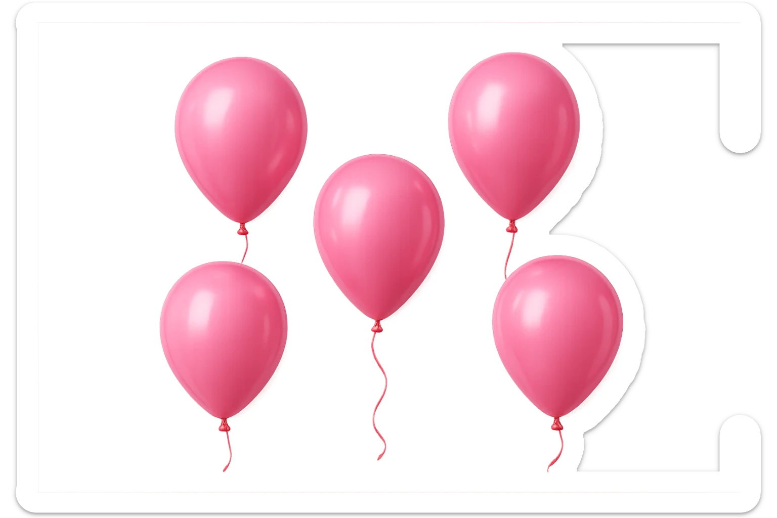 5 palloncini rosa fluttuano in aria isolati su sfondo bianco, iperrealistico 4k sticker