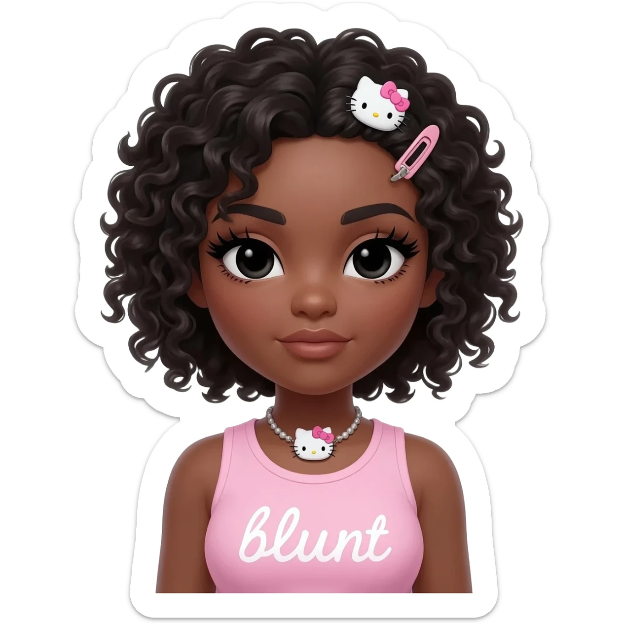 Long giant lashes, my melody hairclip, Doll faced shaped, hello kitty necklace, bimbo, black doll eyes, barbie, dark brown skin with curly black hair, light pink bimbo sleeveless shirt says "blunt" , big breast sticker