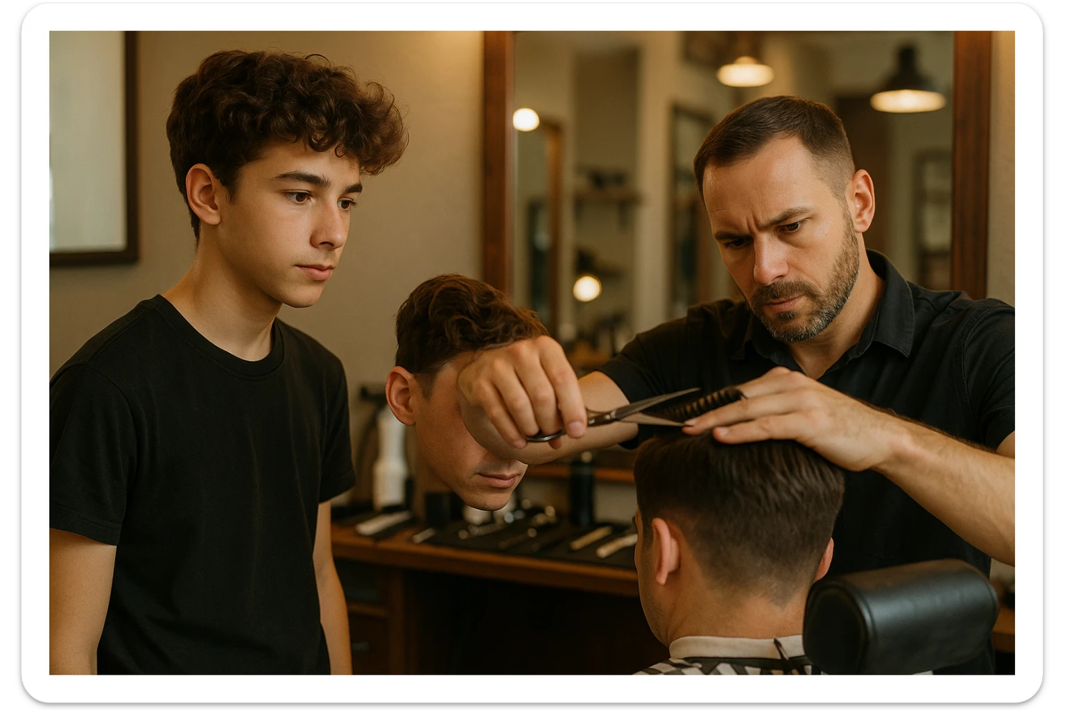 sartaroshxonada ishlayotgan o'smirin bola usta soch olayotganini kuzatib turibdi sticker