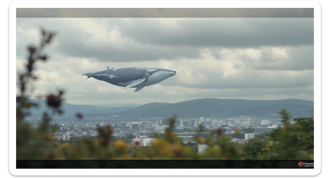 A cinemaatic still of a city, blurred plants in the foreground, huge whales fly above city sky, rolling hills in the background, cinematic depth of field, layered composition, natural lighting sticker