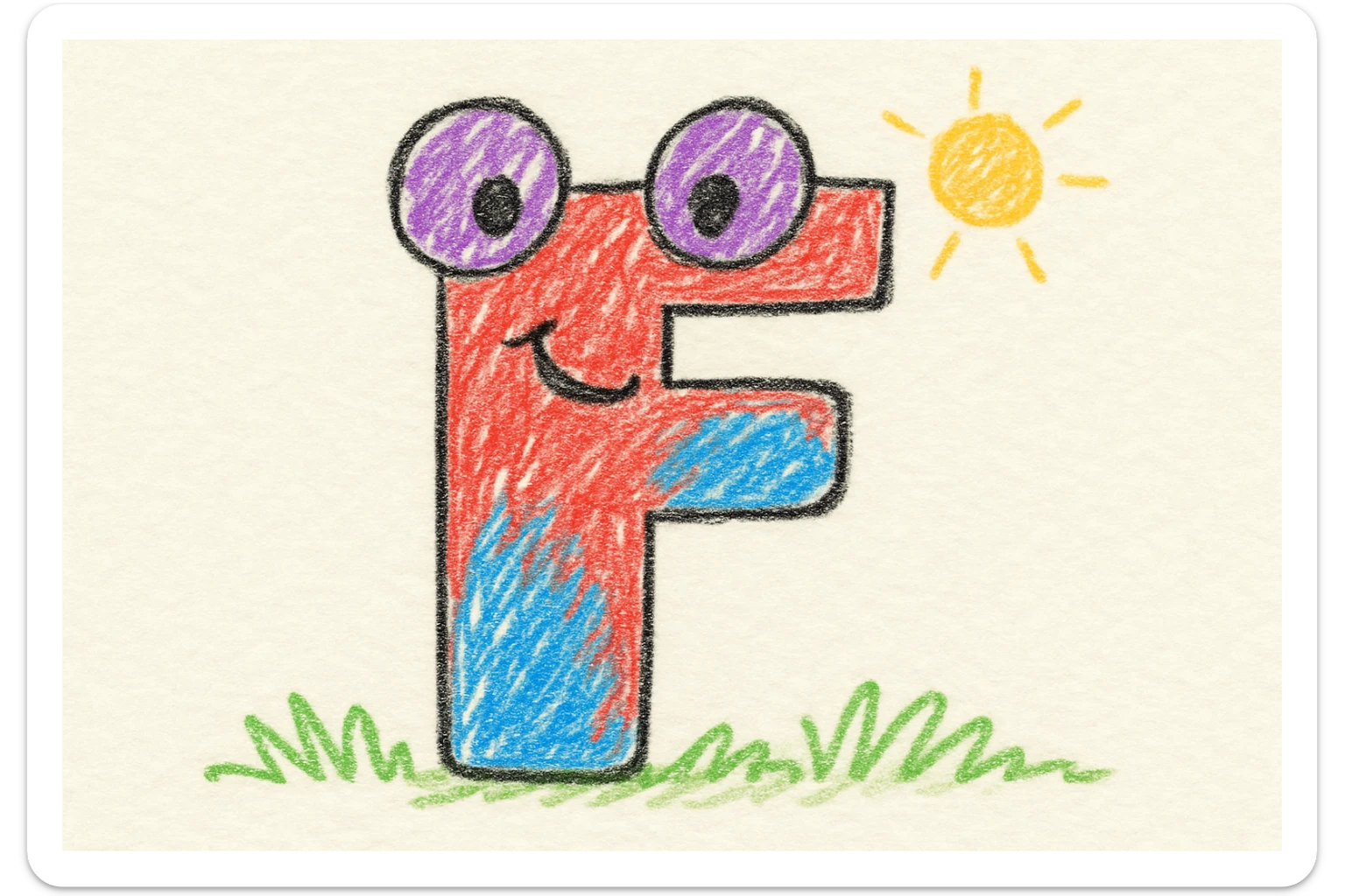 The letter F in a playful, colorful cartoon style, suitable for a children's ABC set, with a fun and friendly expression. sticker