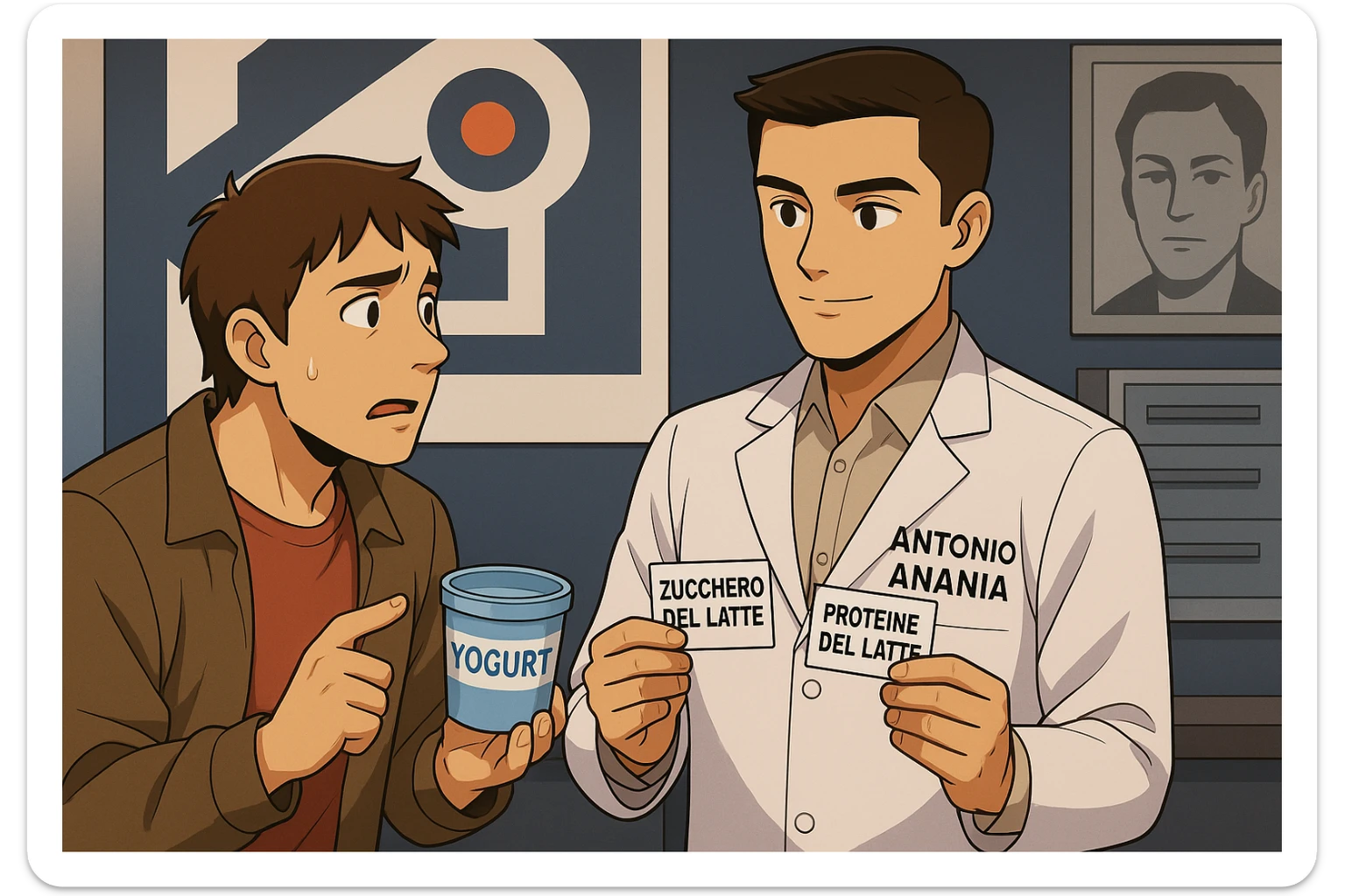 fai un webtoon manga a colori con questo stile, in cui un uomo ASCOLTA Il kinesiologo con il camice bianco (fagli anche la scritta "ANTONIO ANANIA" SUL CAMICE, IL KINESIOLOGO SPIEGA ALL'UOMO UNA COSA TENENDO DUE FOGLIETTINI IN MANO, UNO CON LA SCRITTA "ZUCCHERO DEL LATTE" E UNA CON LA SCRITTA "PROTEINE DEL LATTE". L'UOMO OSSERVA LO YOGURT CHE HA IN MANO CON ESPRESSIONE DUBBIOSA IN VOLTO. non fare i fumetti però, fai solo in modo che sembri stiano parlando sticker