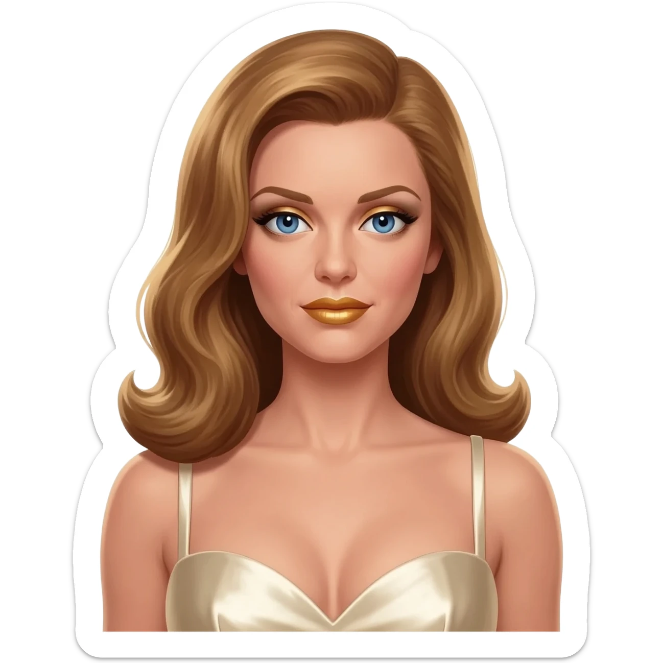 Gwendolyn Gann from James Bond Series with blue eyes, gold lipstick, ivory eyeshadow, long golden brown hair, ivory metallic sweetheart dress sticker