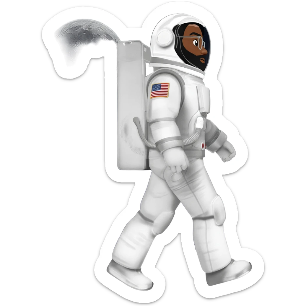 astronaut moon on back with helmet walking space brown skin, black eyes, glasses and beard  black hair show body sticker
