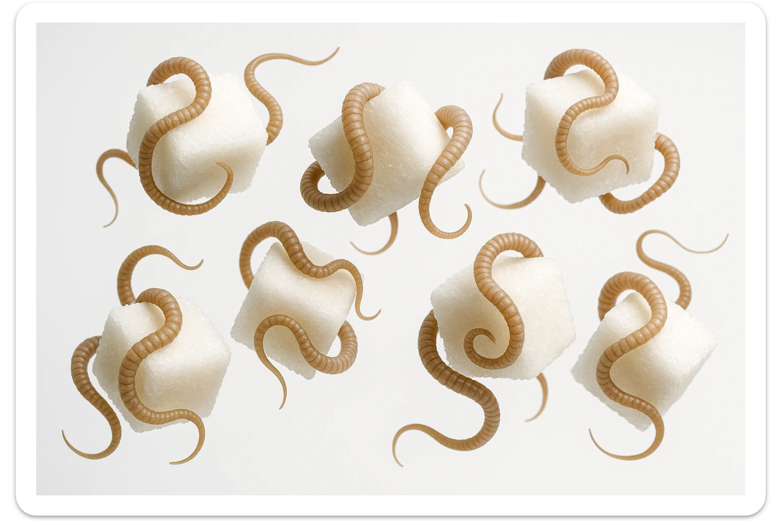 ZOLLETTE DI ZUCCHERO CON PARASSITI TIPO LA TENIA ARROTOLATE INTORNO AD OGNI ZOLLETTA, FLUTTUANO IN ARIA SU SFONDO BIANCO, IPERREALISTICO 4K sticker